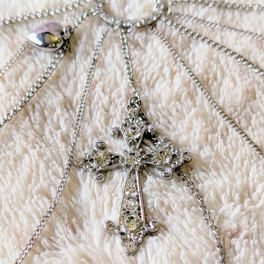 Silver Cross Key Lock Heart Rhinestone Necklace - Picture 4 of 10